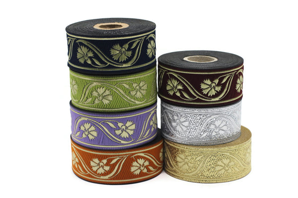 35 mm Silver/Black Floral ribbon 1.37 (inch) | Celtic Ribbon | Embroidered Clover Ribbon | Jacquard Ribbon | 35mm Wide | 35070