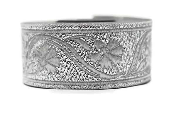 35 mm Silver Floral ribbon 1.37 (inch) | Celtic Ribbon | Embroidered Clover Ribbon | Jacquard Ribbon | 35mm Wide | 35070