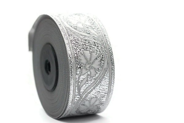 35 mm Silver Floral ribbon 1.37 (inch) | Celtic Ribbon | Embroidered Clover Ribbon | Jacquard Ribbon | 35mm Wide | 35070