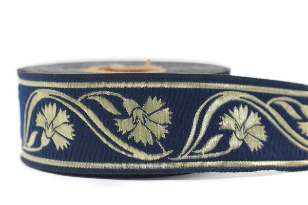 35 mm Blue Floral ribbon 1.37 (inch) | Celtic Ribbon | Embroidered Clover Ribbon | Jacquard Ribbon | 35mm Wide | 35070