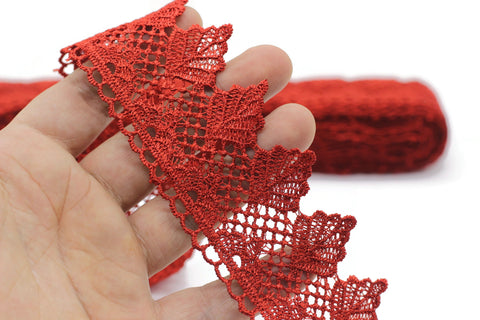 40mm 8 Meters Red Guipure Lace Trim | 1.57 Inches Wide Lace Trim with Leaves | Bridal Lace | Red Lace | Guipure Lace