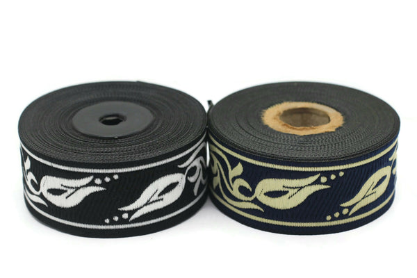 35 mm Black/Silver Tulips embroidered jacquard Ribbons (1.37 inches), Jacquard trim, craft supplies, collar supply, sewing trim, 35072
