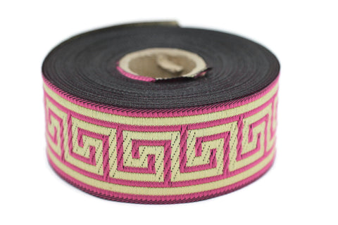 35 mm Pink Greek Key ribbons (1.37 inches), ribbon trim, otantic ribbon, jacquard ribbons, vintage trim, geometric ribbons, 35062