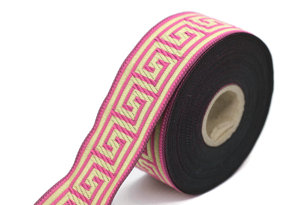 35 mm Pink Greek Key ribbons (1.37 inches), ribbon trim, otantic ribbon, jacquard ribbons, vintage trim, geometric ribbons, 35062