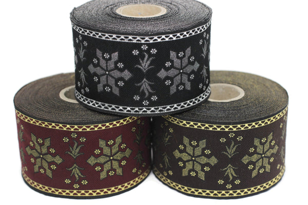 50 mm Black/Silver Snowflake ribbon, Jacquard Trims (1.96 inches), Vintage Ribbons, Decorative Ribbons, Sewing Trim, Jacquard ribbon,  CNK03