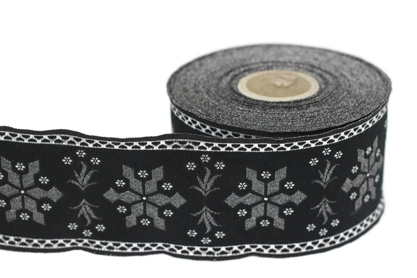 50 mm Black/Silver Snowflake ribbon, Jacquard Trims (1.96 inches), Vintage Ribbons, Decorative Ribbons, Sewing Trim, Jacquard ribbon,  CNK03