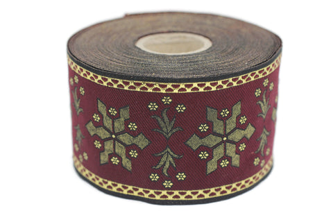 50 mm Red/Golden Snowflake ribbon, Jacquard Trims (1.96 inches), Vintage Ribbons, Decorative Ribbons, Sewing Trim, Jacquard ribbon, CNK03