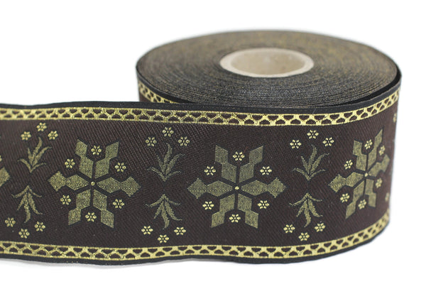 50 mm Brown/Golden Snowflake ribbon, Jacquard Trims (1.96 inches), Vintage Ribbons, Decorative Ribbons, Sewing Trim, Jacquard ribbon, CNK03