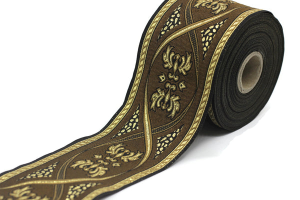 70 mm Brown Royal Jacquard trim (2.75 inches) - Vintage Ribbon - Decorative Craft Ribbon Sewing, Jacquard ribbon - Trim, 70055