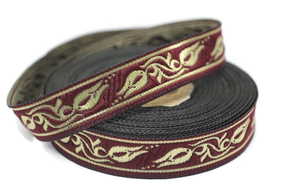 16 mm Bordeaux Tulips embroidered jacquard Ribbons (0.62 inches), Jacquard trim, craft supplies, collar supply, sewing trim, 16072