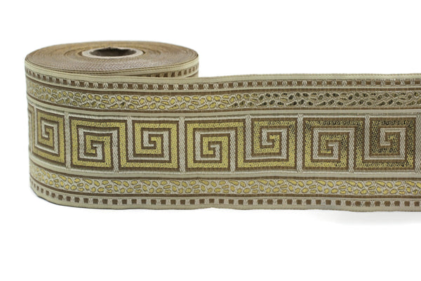 70 mm Golden Cream Greek Key Jacquard Ribbon (2.75 inches), Drapery Trim Band, Woven Ribbon, Sewing Trim 70057