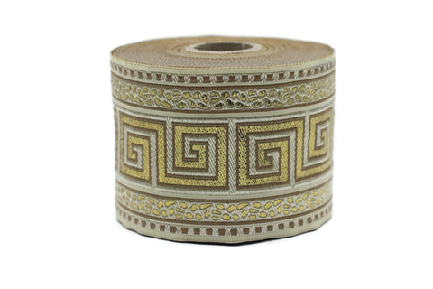 70 mm Golden Cream Greek Key Jacquard Ribbon (2.75 inches), Drapery Trim Band, Woven Ribbon, Sewing Trim 70057