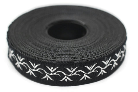 16 mm Black/Silver ivy Jacquard ribbon, (0.62 inches), trim by the yard, Embroidered ribbon, Sewing trim, Scroll Jacquard trim, 16073