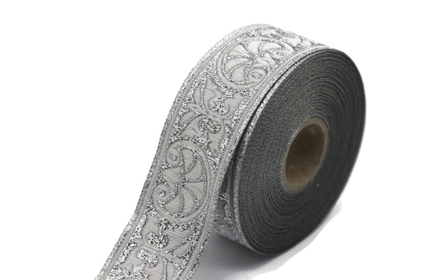 35mm Metallic Silver Palm Trees Jacquard Ribbon 1.37 inch | Sewing trim | Embroidered Bordure for Embellishment Craft Home Decor 35058