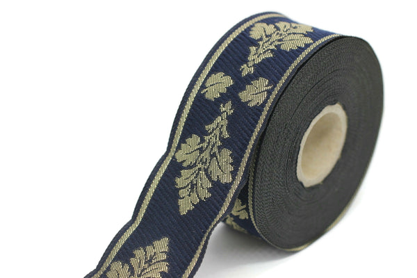 35mm Blue-Gold Leaf Tendril 1.37 (inch) | Jacquard Trim | Leaf Tendril Ribbon | Jacquard Ribbon | Sewing Trim | 35mm Wide | CNK04
