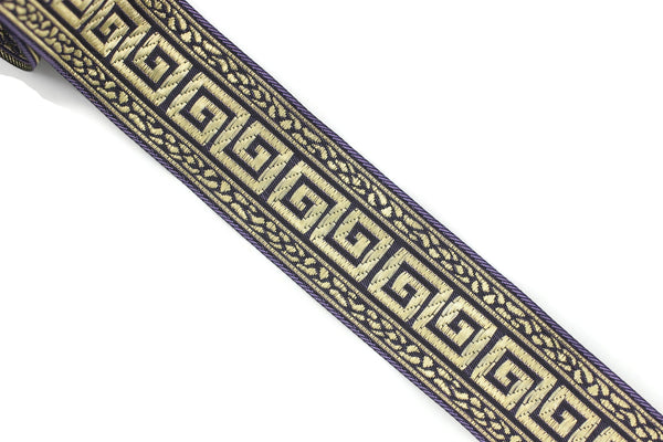 35 mm Lilac/Gold Greek Key ribbons (1.37 inches), ribbon trims, jacquard ribbons, fabric ribbons, vintage trim, geometric ribbons, 35060