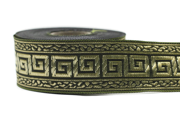 35 mm Green/Gold Greek Key ribbons (1.37 inches), ribbon trims, jacquard ribbons, fabric ribbons, vintage trim, geometric ribbons, 35060