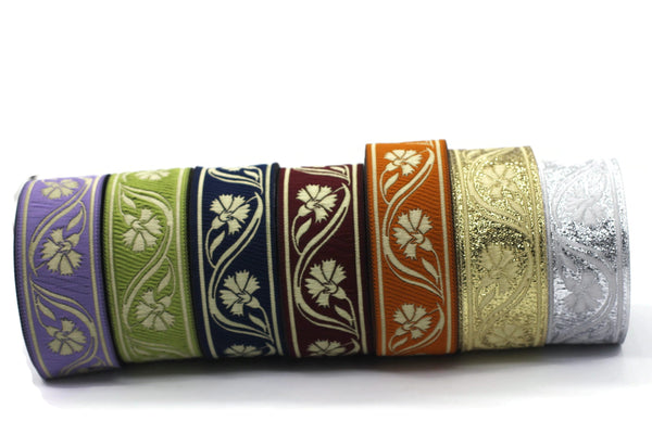 35 mm Silver/Black Floral ribbon 1.37 (inch) | Celtic Ribbon | Embroidered Clover Ribbon | Jacquard Ribbon | 35mm Wide | 35070