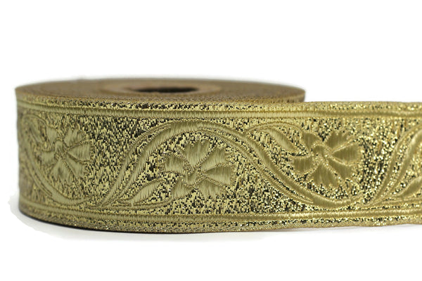 35 mm Gold Floral ribbon 1.37 (inch) | Celtic Ribbon | Embroidered Clover Ribbon | Jacquard Ribbon | 35mm Wide | 35070