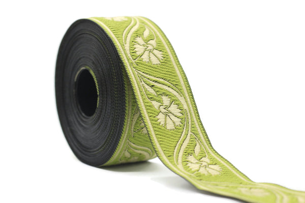 35 mm Green Floral ribbon 1.37 (inch) | Celtic Ribbon | Embroidered Clover Ribbon | Jacquard Ribbon | 35mm Wide | 35070