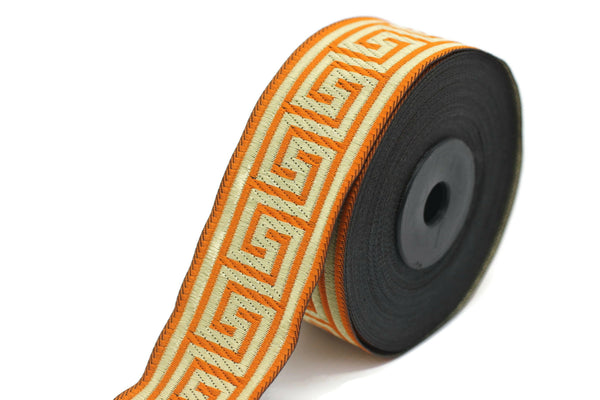 35 mm Orange Greek Key ribbons (1.37 inches), ribbon trim, otantic ribbon, jacquard ribbons, vintage trim, geometric ribbons, 35062