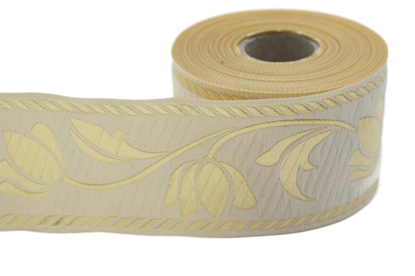 50 mm Beige Jacquard ribbons, Tulips ribbons 1.96 inches, Jacquard trim, Sewing trims, Flower ribbons, embroidered ribbons, 50090