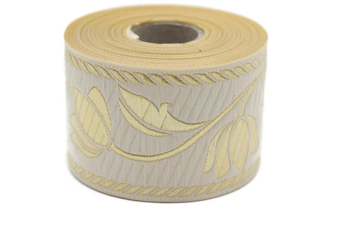 50 mm Beige Jacquard ribbons, Tulips ribbons 1.96 inches, Jacquard trim, Sewing trims, Flower ribbons, embroidered ribbons, 50090