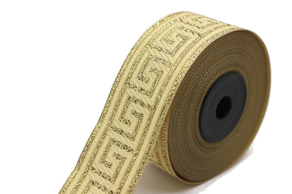 35 mm Gold Greek Key ribbons (1.37 inches), ribbon trim, otantic ribbon, jacquard ribbons, vintage trim, geometric ribbons, 35062