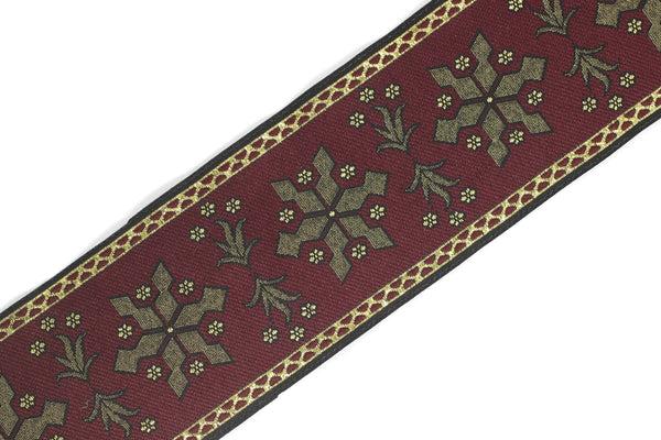 50 mm Red/Golden Snowflake ribbon, Jacquard Trims (1.96 inches), Vintage Ribbons, Decorative Ribbons, Sewing Trim, Jacquard ribbon, CNK03