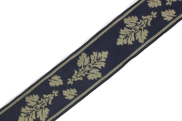 35mm Blue-Gold Leaf Tendril 1.37 (inch) | Jacquard Trim | Leaf Tendril Ribbon | Jacquard Ribbon | Sewing Trim | 35mm Wide | CNK04