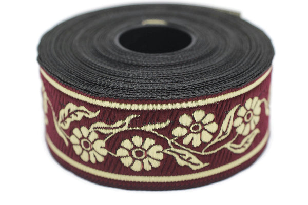 35 mm Red/Golden Daisy Embroidered ribbon (1.37 inches), Daisy ribbon, Floral trim, jacquard trim, jacquard ribbons, upholstery trim, CNK05