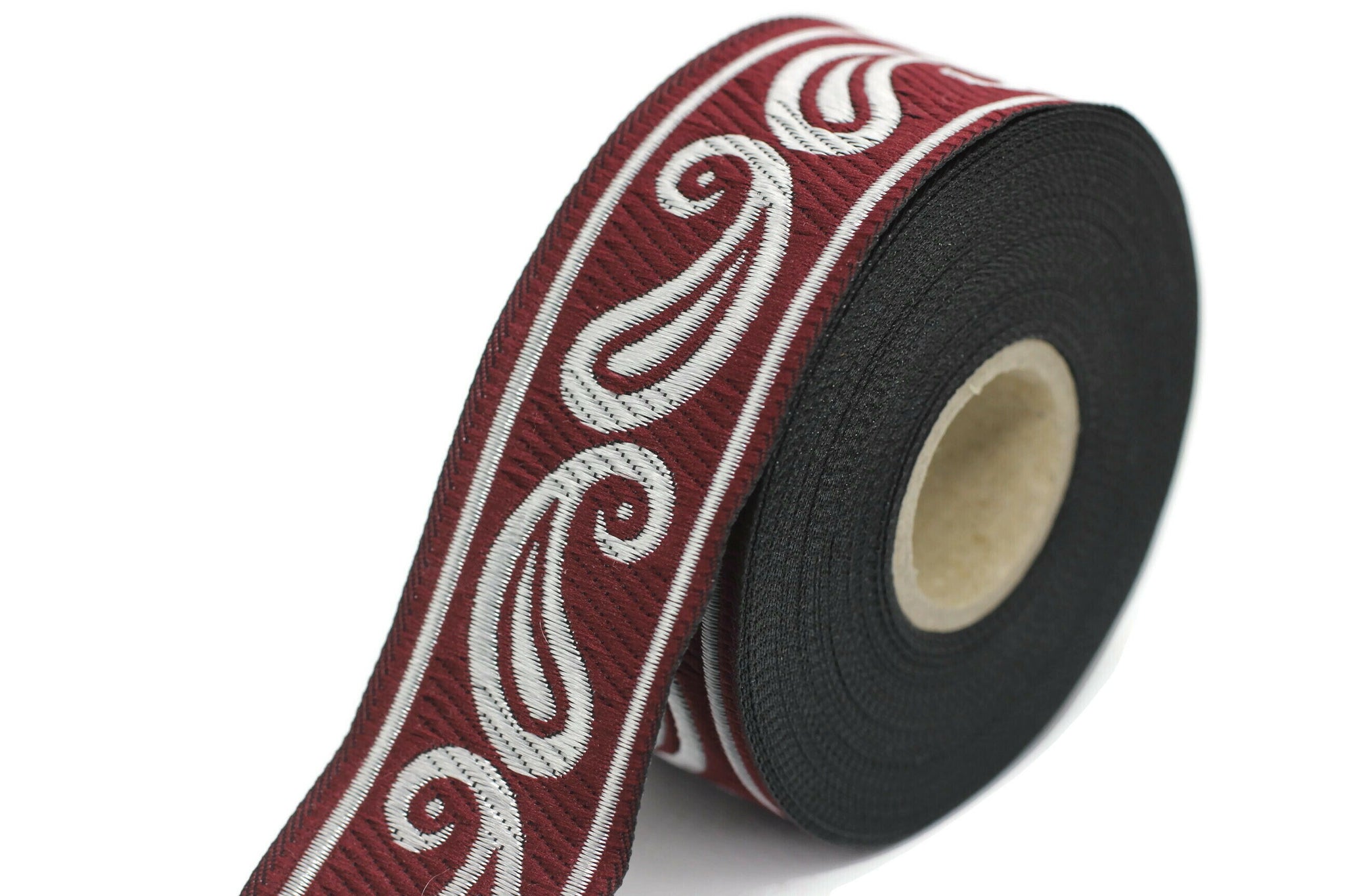 35 mm Red/Silver Comma Embroidered ribbon (1.37 inches), Comma ribbon, Indian jacquard trim, jacquard ribbons, upholstery trim, CNK06