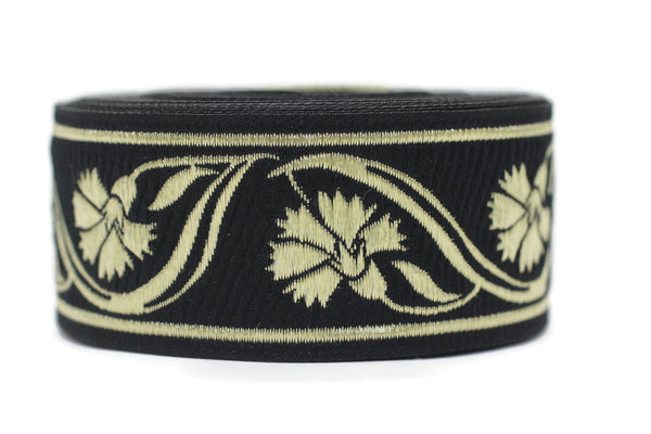 35 mm Black Floral ribbon 1.37 (inch) | Celtic Ribbon | Embroidered Clover Ribbon | Jacquard Ribbon | 35mm Wide | 35070