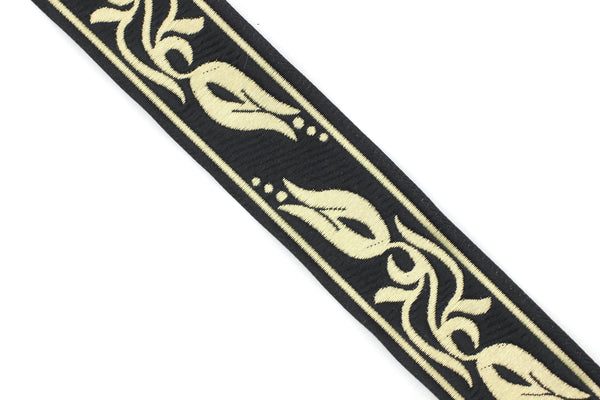 35 mm Black/Gold Tulips embroidered jacquard Ribbons (1.37 inches), Jacquard trim, craft supplies, collar supply, sewing trim, 35072