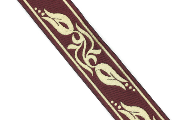 35 mm Claret Red/Gold Tulips embroidered jacquard Ribbons (1.37 inches), Jacquard trim, craft supplies, collar supply, sewing trim, 35072