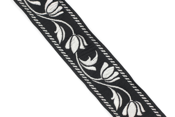 35 mm Black/Silver ribbons, Jacquard ribbons (1.37 inc, Tulips embroidered ribbon, Jacquard trim, ribbon trim, trimming, sewing trims, 35090