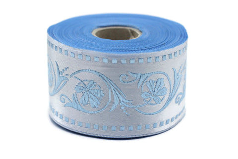 50 mm Blue Wildflower ribbon, Jacquard Trims (1.96 inches), Vintage Ribbons, Decorative Ribbons, Sewing Trim, Trimming, CNK08