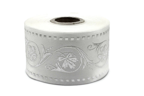 50 mm White Wildflower ribbon, Jacquard Trims (1.96 inches), Vintage Ribbons, Decorative Ribbons, Sewing Trim, Trimming, CNK08