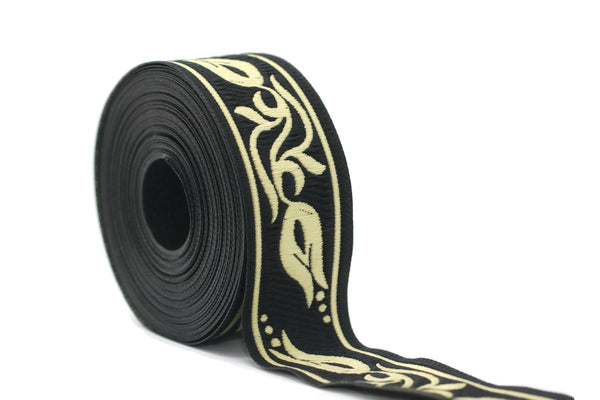 35 mm Black/Gold Tulips embroidered jacquard Ribbons (1.37 inches), Jacquard trim, craft supplies, collar supply, sewing trim, 35072