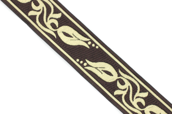 35 mm Brown/Gold Tulips embroidered jacquard Ribbons (1.37 inches), Jacquard trim, craft supplies, collar supply, sewing trim, 35072