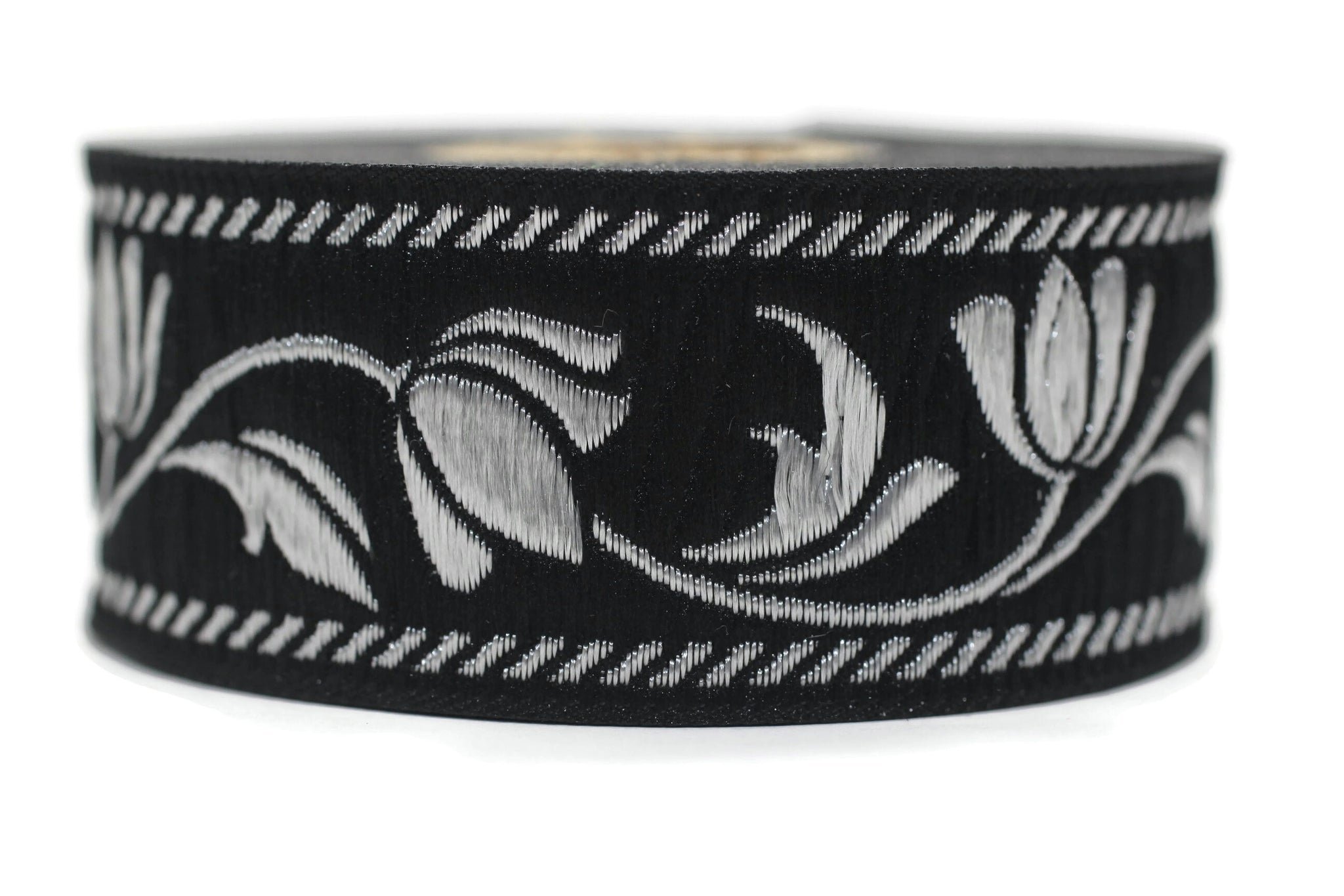 35 mm Black/Silver ribbons, Jacquard ribbons (1.37 inc, Tulips embroidered ribbon, Jacquard trim, ribbon trim, trimming, sewing trims, 35090
