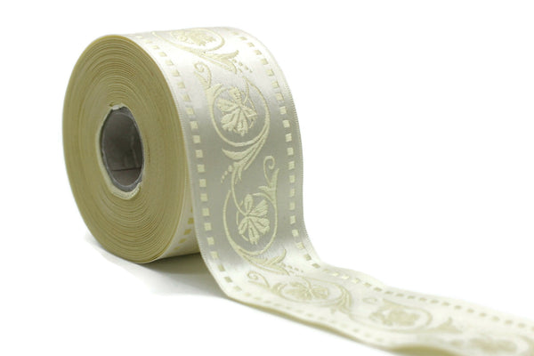 50 mm Ivory Wildflower ribbon, Jacquard Trims (1.96 inches), Vintage Ribbons, Decorative Ribbons, Sewing Trim, Trimming, CNK08