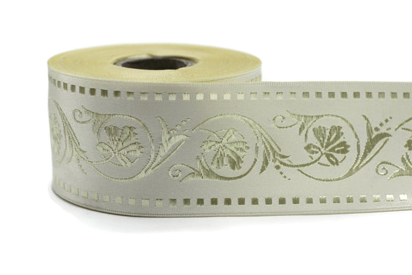 50 mm Ivory Wildflower ribbon, Jacquard Trims (1.96 inches), Vintage Ribbons, Decorative Ribbons, Sewing Trim, Trimming, CNK08
