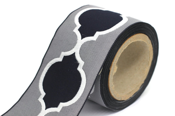 Gray - Navy Blue 68 mm Jacquard Ribbons (2.67 inch), Banding for your Drapery, Upholstery, Pillows, Home Decor, Drapery Trim Tape 186 V5