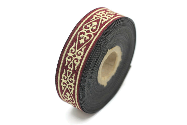 22 mm Burgundy Celtic Jacquard Ribbon (1.37 inches), Celtic Tapestry, Heart embroidered Jacquard trim, Upholstery Fabric 22068