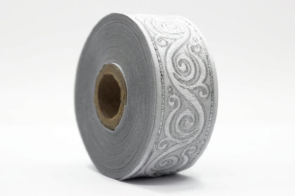 35 mm Silver Grey Celtic Snail Jacquard Ribbon Trim (1.37 inches), Woven Border, Upholstery Fabric, Drapery Ribbon Trim Costume Design 35221