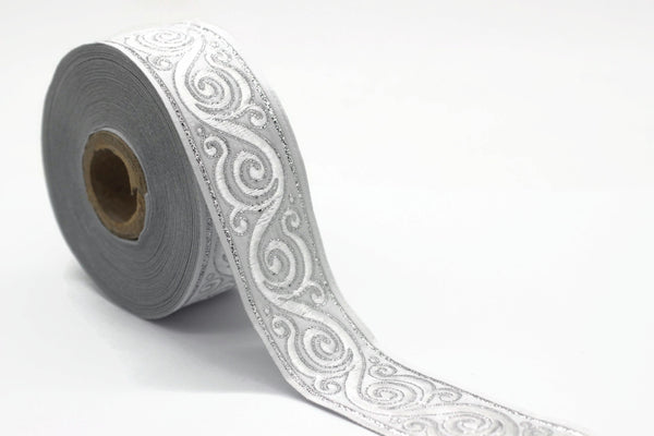 35 mm Silver Grey Celtic Snail Jacquard Ribbon Trim (1.37 inches), Woven Border, Upholstery Fabric, Drapery Ribbon Trim Costume Design 35221