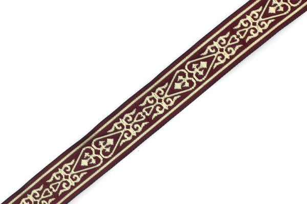 22 mm Burgundy Celtic Jacquard Ribbon (1.37 inches), Celtic Tapestry, Heart embroidered Jacquard trim, Upholstery Fabric 22068