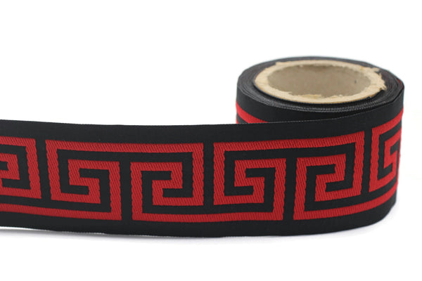 68 mm Red&Black Greek Key Ribbon Trim (2.67 inch), Jacquard Trims for your Drapes, Curtains, Drapery Banding, Drapery Trim Tape V12 176