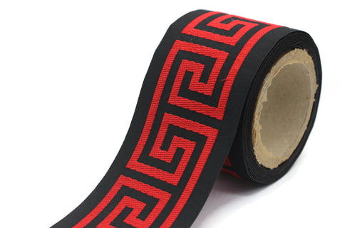 68 mm Red&Black Greek Key Ribbon Trim (2.67 inch), Jacquard Trims for your Drapes, Curtains, Drapery Banding, Drapery Trim Tape V12 176